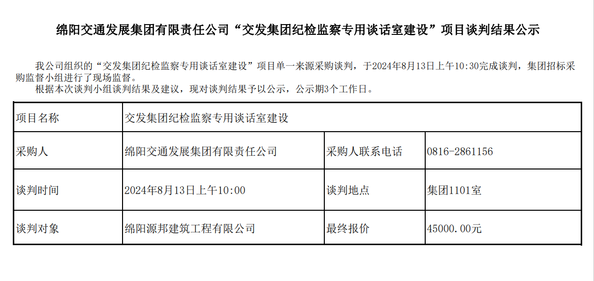 綿陽交通發(fā)展集團有限責任公司“交發(fā)集團紀檢監(jiān)察專用談話室建設(shè)”項目談判結(jié)果公示.png